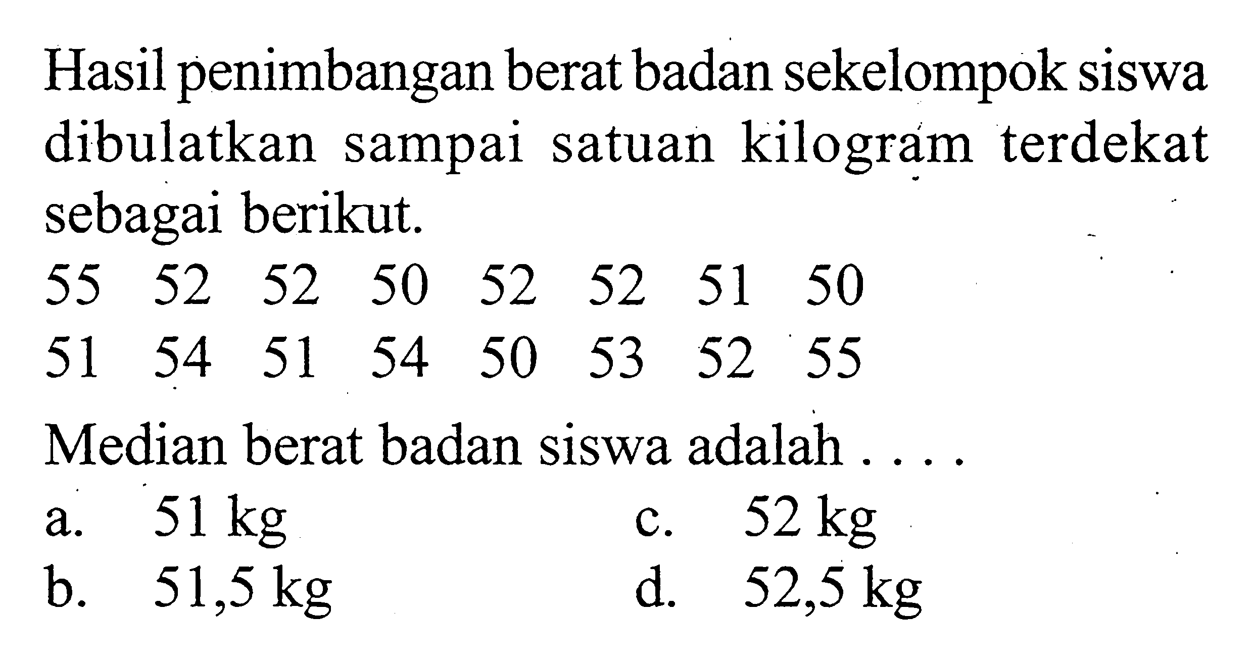 Hasil penimbangan berat badan sekelompok siswa dibulatkan sampai satuan kilogram terdekat sebagai berikut. 55 52 52 50 52 52 51 50 51 54 51 54 50 53 52 55 Median berat badan siswa adalah .... 