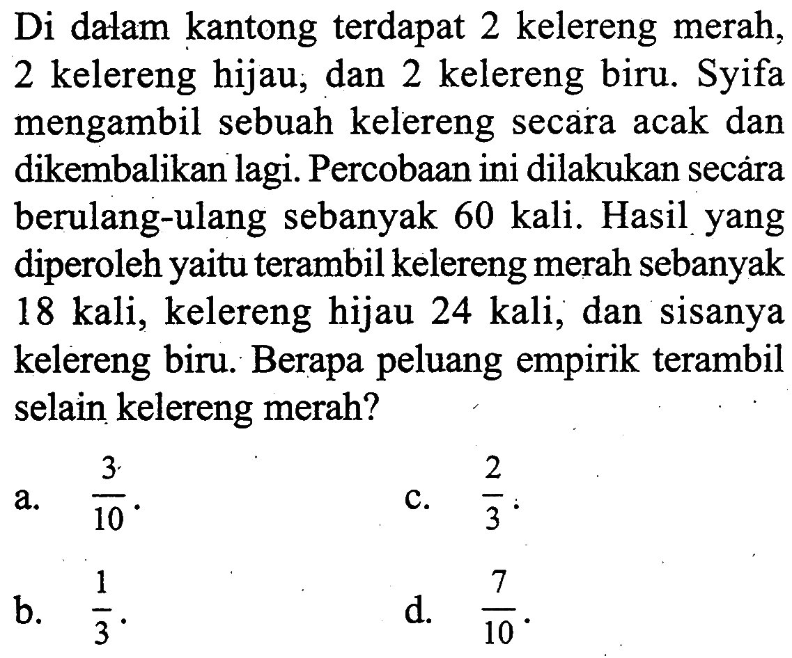 Di dalam kantong terdapat 2 kelereng merah, 2 kelereng hijau, dan 2 kelereng biru. Syifa mengambil sebuah kelereng secara acak dan dikembalikan lagi. Percobaan ini dilakukan secara berulang-ulang sebanyak 60 kali. Hasil yang diperoleh yaitu terambil kelereng merah sebanyak 18 kali, kelereng hijau 24 kali, dan sisanya kelereng biru. Berapa peluang empirik terambil selain kelereng merah?
