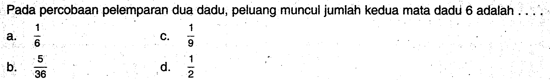 Pada percobaan pelemparan dua dadu, peluang muncul jumlah kedua mata dadu 6 adalah ....