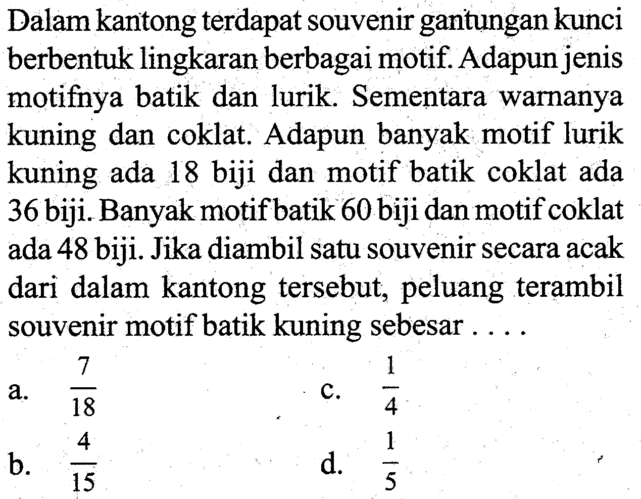 Dalam kantong terdapat souvenir gantungan kunci berbentuk lingkaran berbagai motif. Adapun jenis motifnya batik dan lurik. Sementara warnanya kuning dan coklat. Adapun banyak motif lurik kuning ada 18 biji dan motif batik coklat ada 36 biji. Banyak motif batik 60 biji dan motif coklat ada 48 biji. Jika diambil satu souvenir secara acak dari dalam kantong tersebut, peluang terambil souvenir motif batik kuning sebesar .... 