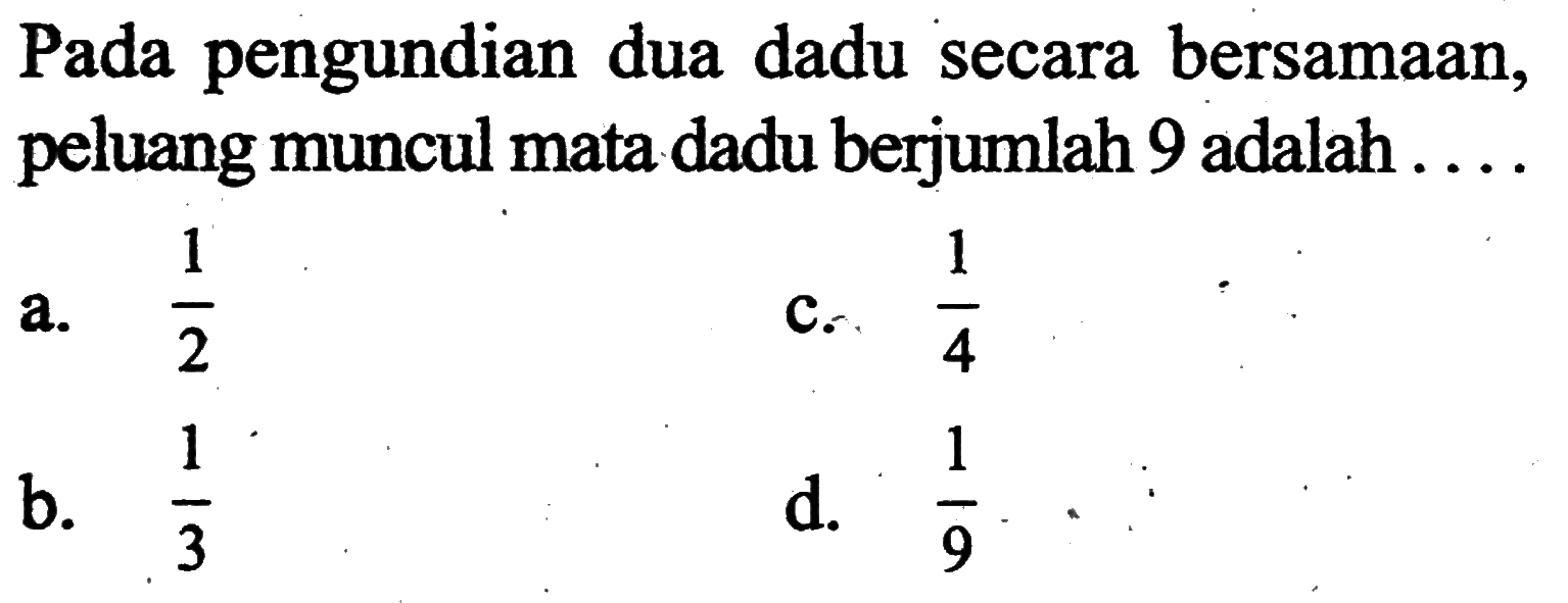 Pada pengundian dua dadu secara bersamaan, peluang muncul mata dadu berjumlah 9 adalah ....