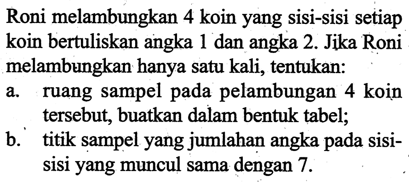 Roni melambungkan 4 koin yang sisi-sisi setiap koin bertuliskan angka 1 dan angka 2. Jika Roni melambungkan hanya satu kali, tentukan: a. ruang sampel pada pelambungan 4 koin tersebut, buatkan dalam bentuk tabel; b. titik sampel yang jumlahan angka pada sisisisi yang muncul sama dengan 7 .