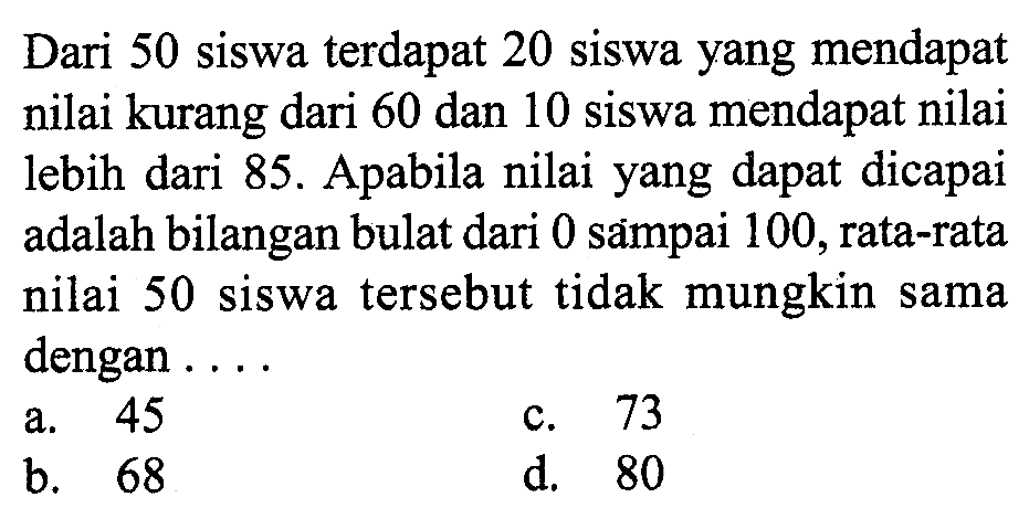 Dari 50 siswa terdapat 20 siswa yang mendapat nilai kurang dari 60 dan 10 siswa mendapat nilai lebih dari 85. Apabila nilai yang dapat dicapai adalah bilangan bulat dari 0 sampai 100, rata-rata nilai 50 siswa tersebut tidak mungkin sama dengan....