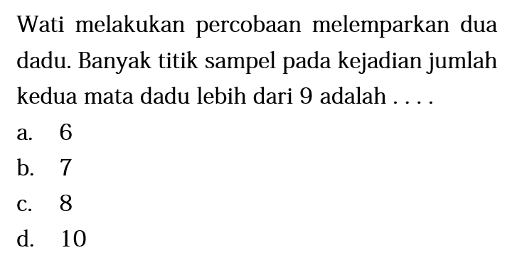 Wati melakukan percobaan melemparkan dua dadu. Banyak titik sampel pada kejadian jumlah kedua mata dadu lebih dari 9 adalah ....