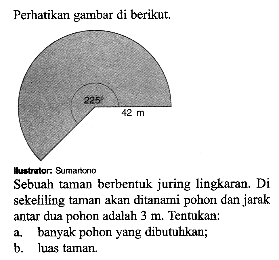 Perhatikan gambar di berikut. 225 42 m
Ilustrator: Sumartono
Sebuah taman berbentuk juring lingkaran. Di sekeliling taman akan ditanami pohon dan jarak antar dua pohon adalah  3 m. Tentukan:
a. banyak pohon yang dibutuhkan;
b. luas taman.