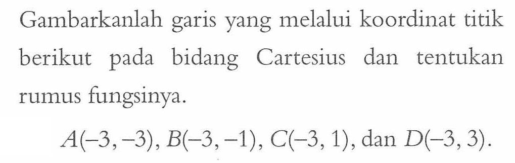 Gambarkanlah garis yang melalui koordinat titik berikut pada bidang Cartesius dan tentukan rumus fungsinya. A(-3, -3), B(-3, -1), C(-3, 1), dan D(-3, 3).