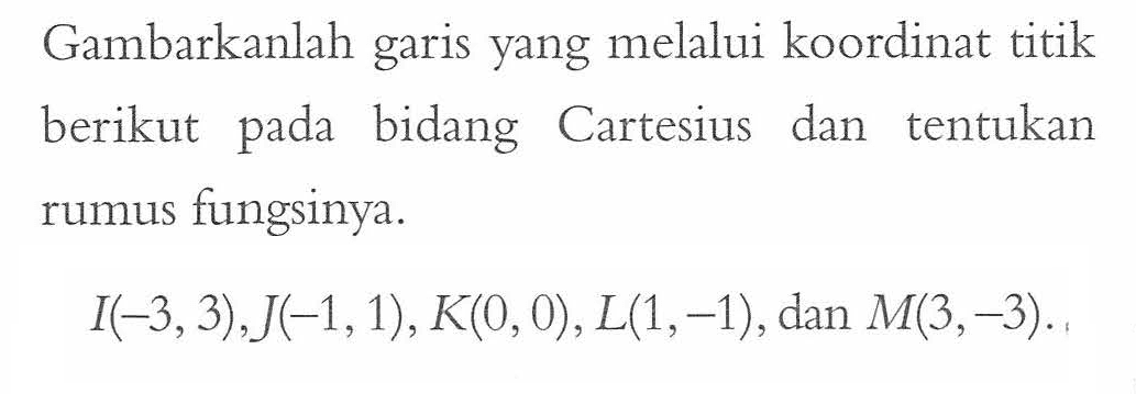 Gambarkanlah garis yang melalui koordinat titik berikut pada bidang Cartesius dan tentukan rumus fungsinya. I(-3,3),J(-1,1), K(0, 0) , L(1,-1) , dan M(3,-3)