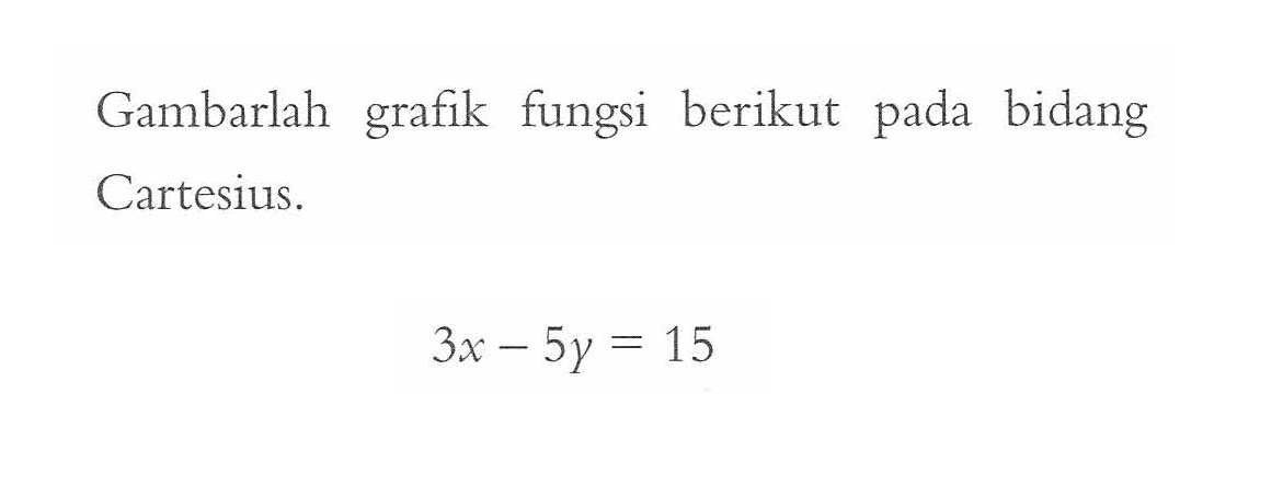 Gambarlah fungsi berikut bidang grafik pada Cartesius. 3x - 5y = 15