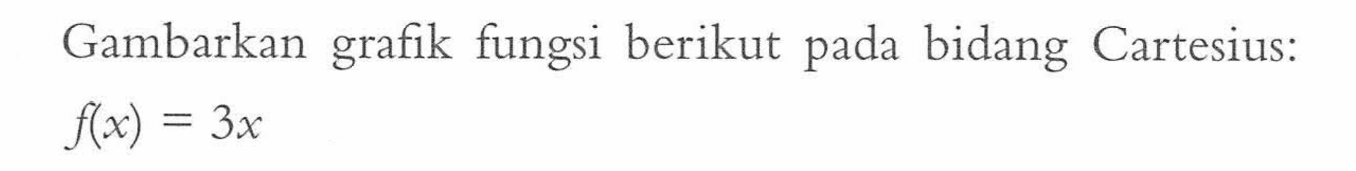 Gambarkan fungsi berikut grafik pada bidang Cartesius: f(x)=3x