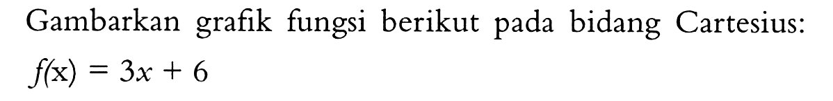 Gambarkan grafik fungsi berikut pada bidang Cartesius: f(x) = 3x + 6