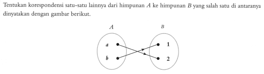 Tentukan korespondensi satu-satu lainnya dari himpunan A ke himpunan B yang salah satu di antaranya dinyatakan dengan gambar berikut. A a b B 1 2