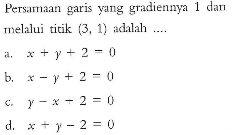 Persamaan yang gradiennya 1 dan garis melalui titik (3, 1) adalah