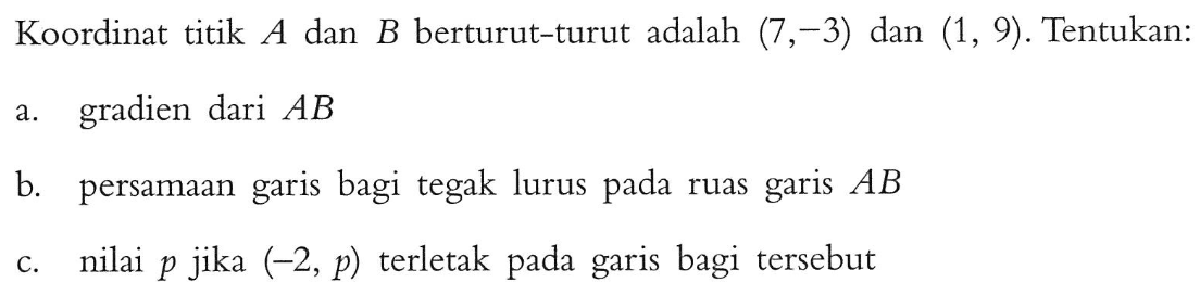 Koordinat titik A dan B berturut-turut adalah (7, -3) dan (1, 9). Tentukan: a. gradien dari AB b. persamaan garis bagi tegak lurus pada ruas garis AB c. nilai p jika (-2, p) terletak pada garis bagi tersebut.