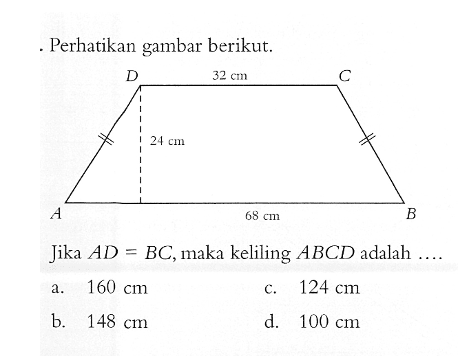 Perhatikan gambar berikut. Jika AD=BC, maka keliling ABCD adalah... 32 cm 24 cm 68 cm 