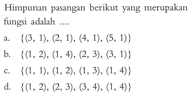 Himpunan pasangan berikut yang merupakan fungsi adalah