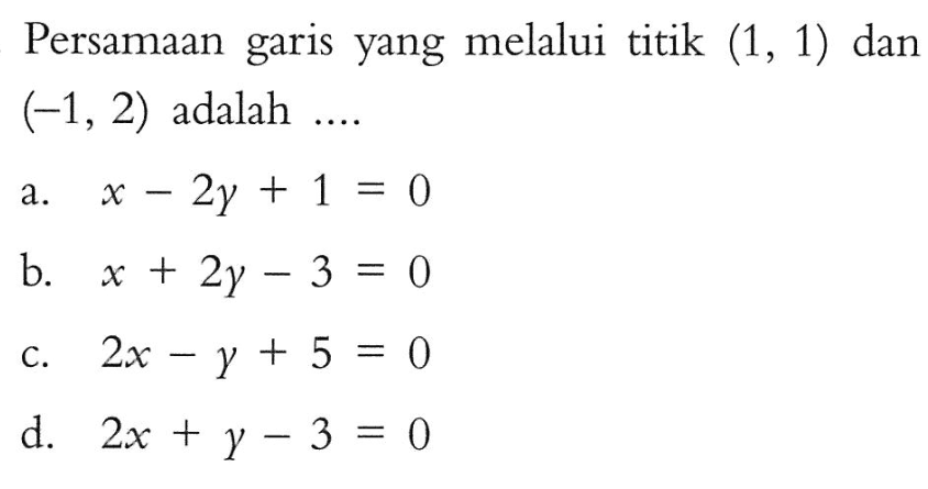 Persamaan garis yang melalui titik (1, 1) dan (-1,2) adalah...