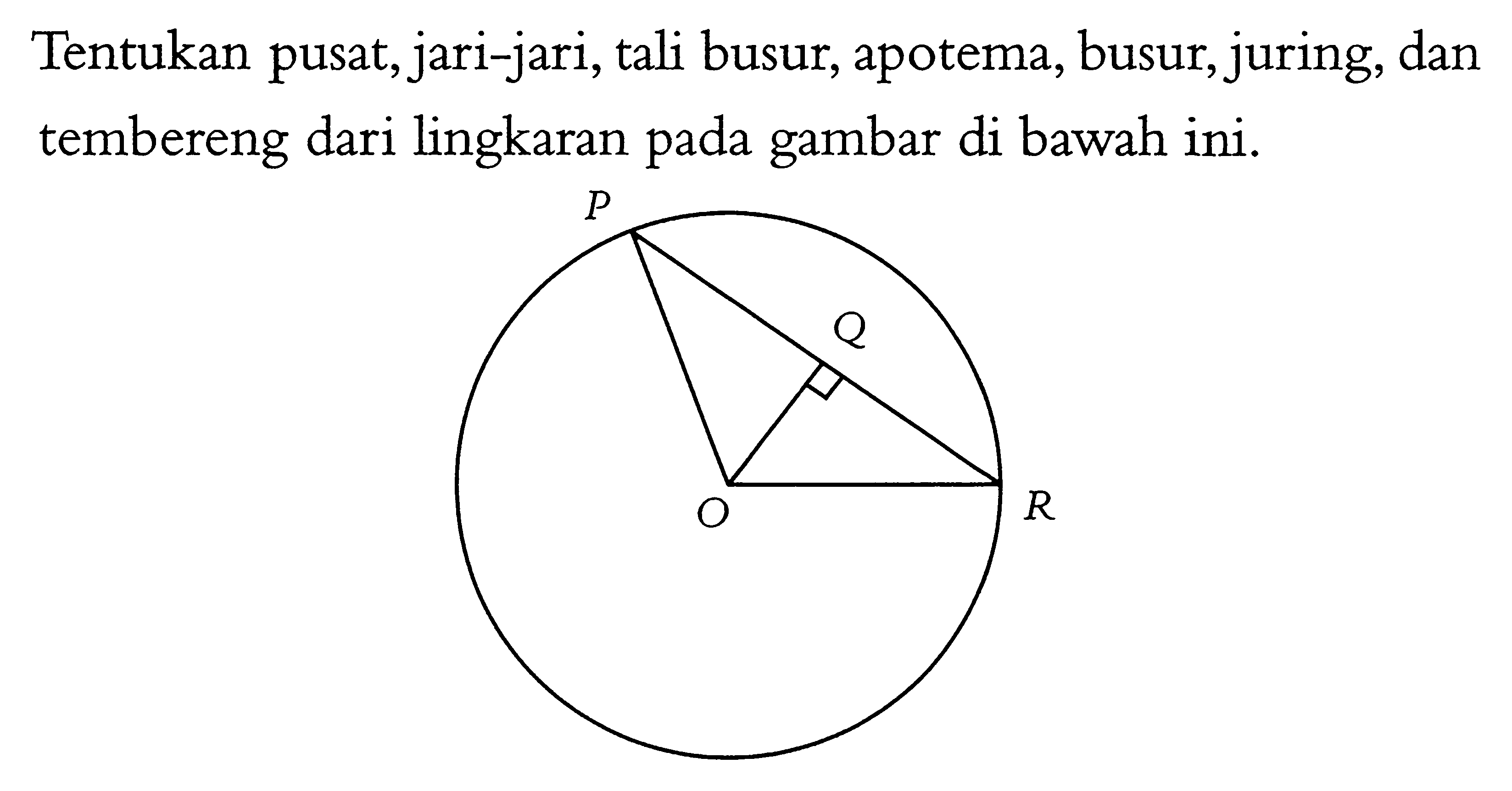 Tentukan pusat, jari-jari, tali busur, apotema, busur, juring, dan tembereng dari lingkaran pada gambar di bawah ini.