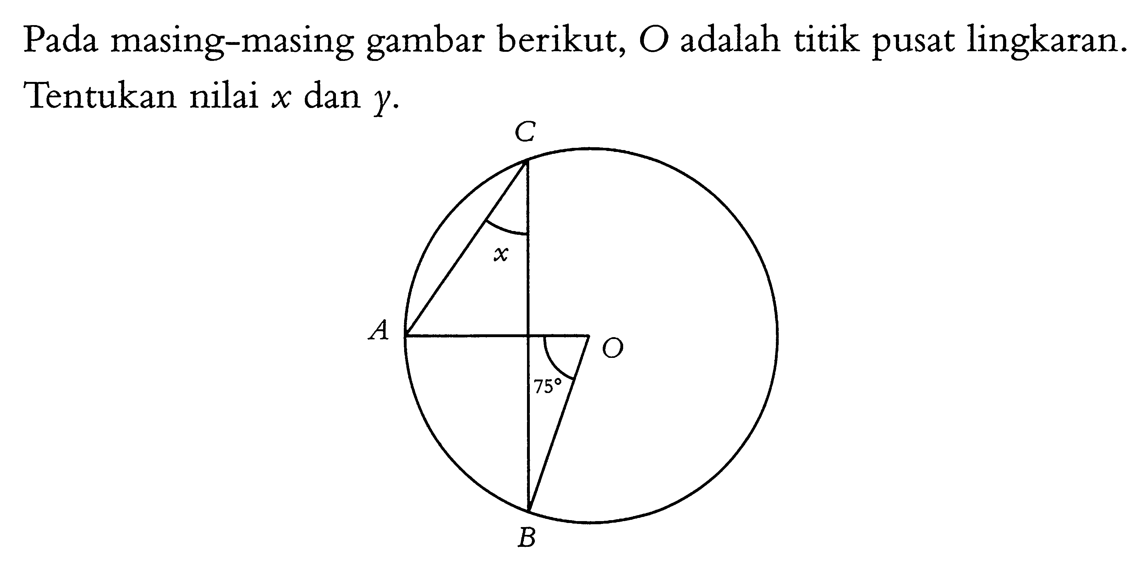 Pada masing-masing gambar berikut, O adalah titik pusat lingkaran. Tentukan nilai x dan y. 75