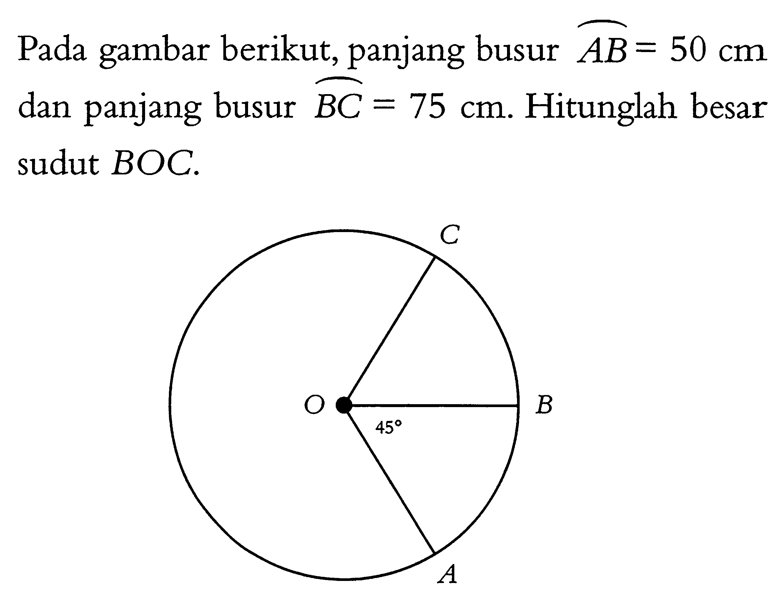 Pada gambar berikut, panjang busur AB = 50 cm dan panjang busur BC = 75 cm.  Hitunglah besar sudut BOC.C O 45 B A