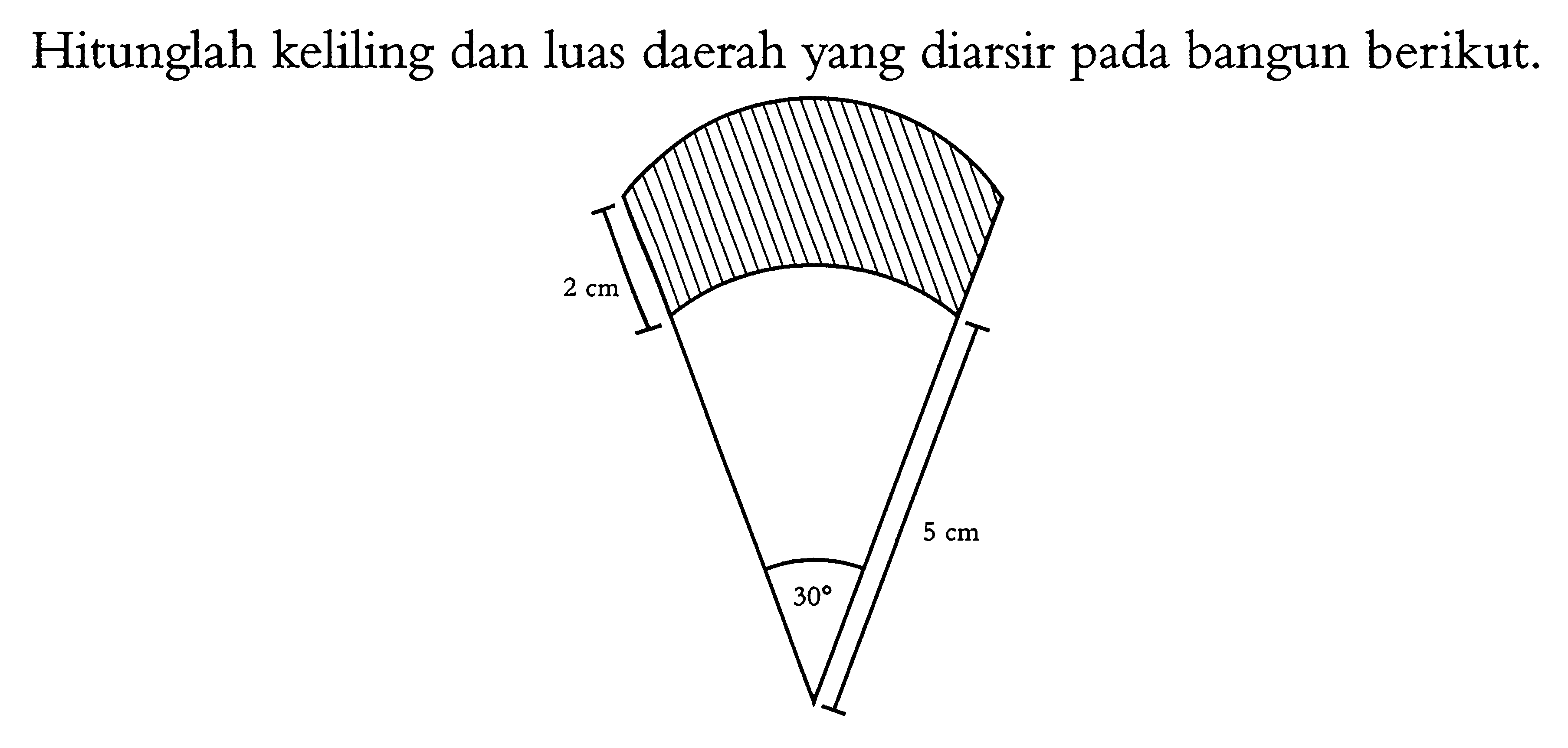 Hitunglah keliling dan luas daerah yang diarsir pada bangun berikut.