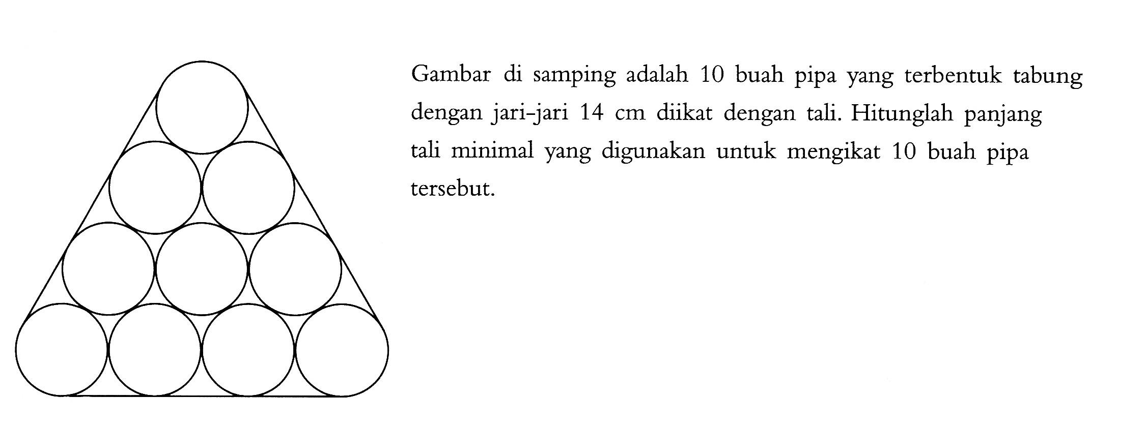 Gambar di samping adalah 10 buah pipa yang terbentuk tabung dengan jari-jari 14 cm diikat dengan tali. Hitunglah panjang tali minimal yang digunakan untuk mengikat 10 buah pipa tersebut.