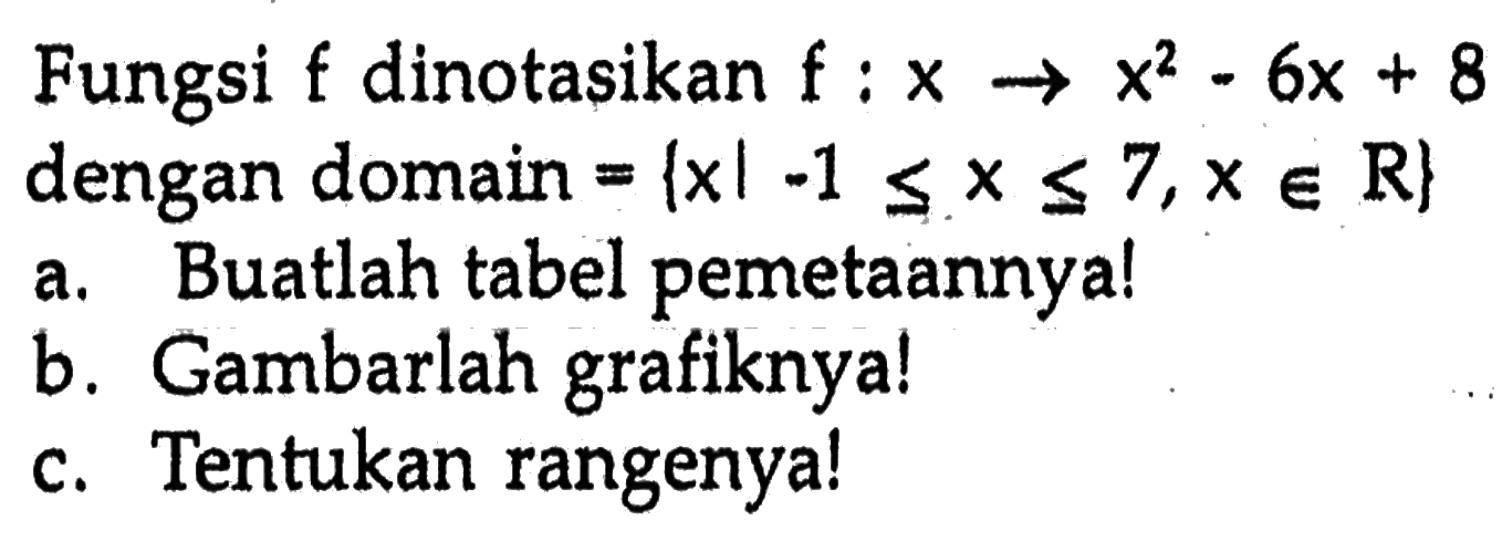 Fungsi f dinotasikan f : x -> x^2 - 6x + 8 dengan domain = {x l -1 <= x <= 7, x e R} a. Buatlah tabel pemetaannya! b Gambarlah grafiknya! c. Tentukan rangenya!