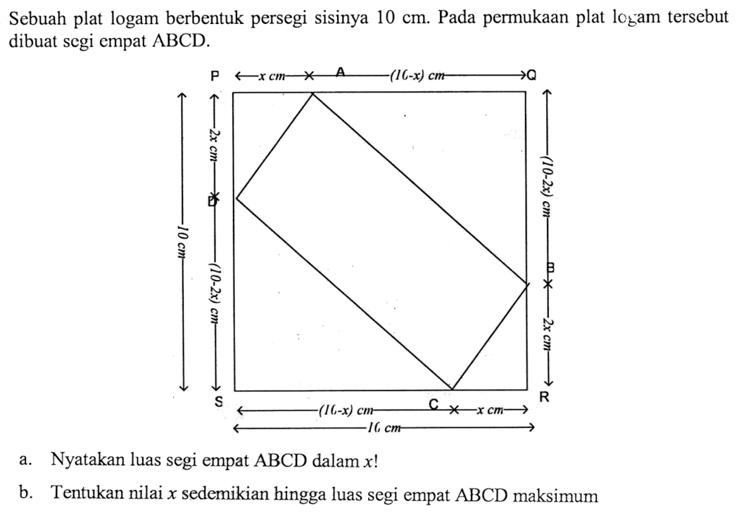 Sebuah plat logam berbentuk persegi sisinya 10 cm. Pada permukaan plat logam tersebut dibuat segi empat ABCD. 
P x cm A (10 - x) cm Q 
10 cm 2x cm D (10 - 2x) cm 
(10 - 2x) cm B 2x cm 
S (10 - x) cm C x cm R 10 cm 
a. Nyatakan luas segi empat ABCD dalam x! 
b. Tentukan nilai x sedemikian hingga luas segi empat ABCD maksimum