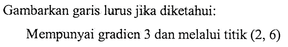 Gambarkan garis lurus jika diketahui: Mempunyai gradien 3 dan melalui titik (2, 6)