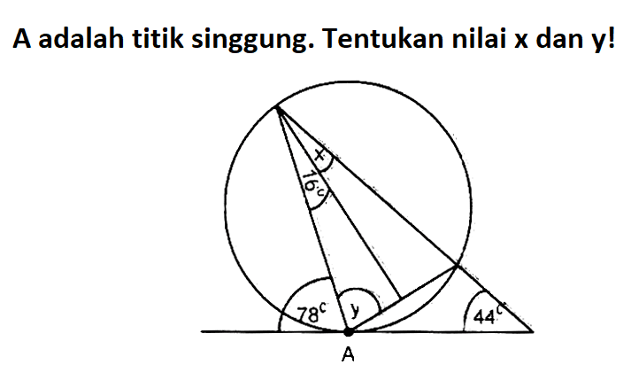 A adalah titik singgung. Tentukan nilai x dan y! x 70 y 78  44 