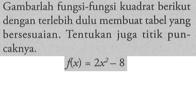 Gambarlah fungsi-fungsi kuadrat berikut dengan terlebih dulu membuat tabel yang bersesuaian. Tentukan juga titik pun-caknya. f(x) = 2x^2 - 8