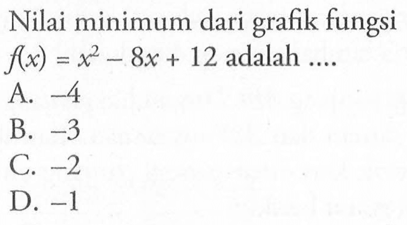 Nilai minimum dari grafik fungsi f(x)=x^2-8x+12 adalah ....