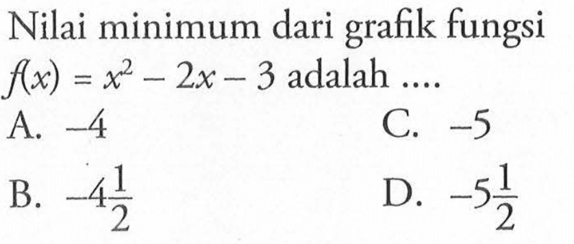 Nilai minimum dari grafik fungsi f(x) = x^2 - 2x - 3 adalah .... A. -4 B. -4 1/2 C. -5 D. -5 1/2