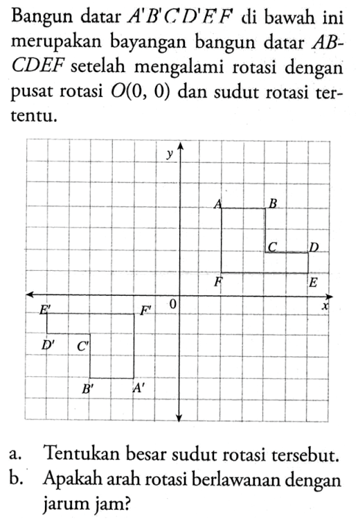 Bangun datar  A' B' C D' E' F'  di bawah ini merupakan bayangan bangun datar  A B-  CDEF setelah mengalami rotasi dengan pusat rotasi  O(0,0)  dan sudut rotasi tertentu.a. Tentukan besar sudut rotasi tersebut.b. Apakah arah rotasi berlawanan dengan jarum jam?