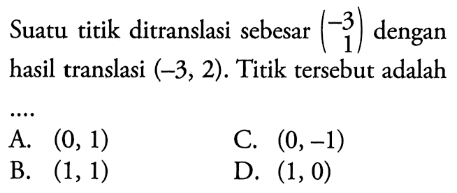 Suatu titik ditranslasi sebesar (3 1) dengan hasil translasi (-3,2). Titik tersebut adalah