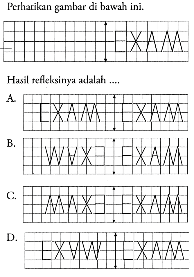 Perhatikan gambar di bawah ini.Hasil refleksinya adalah ....