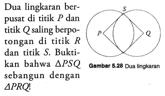 Dua lingkaran berpusat di titik P dan titik Q saling berpotongan di titik  R  dan titik S. Buktikan bahwa  segitiga PSQ sebangun dengan  segitiga PRQ! Gambar 5.28 Dua lingkaran 