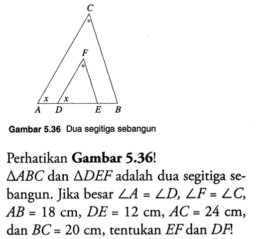 Gambar 5.36  Dua segitiga sebangun C F x x A D E BPerhatikan Gambar 5.36! segitiga ABC dan segitiga DEF adalah dua segitiga sebangun. Jika besar sudut A = sudut D, sudut F = sudut C,  AB=18 cm, DE=12 cm, AC=24 cm, dan BC=20 cm, tentukan EF dan DF.