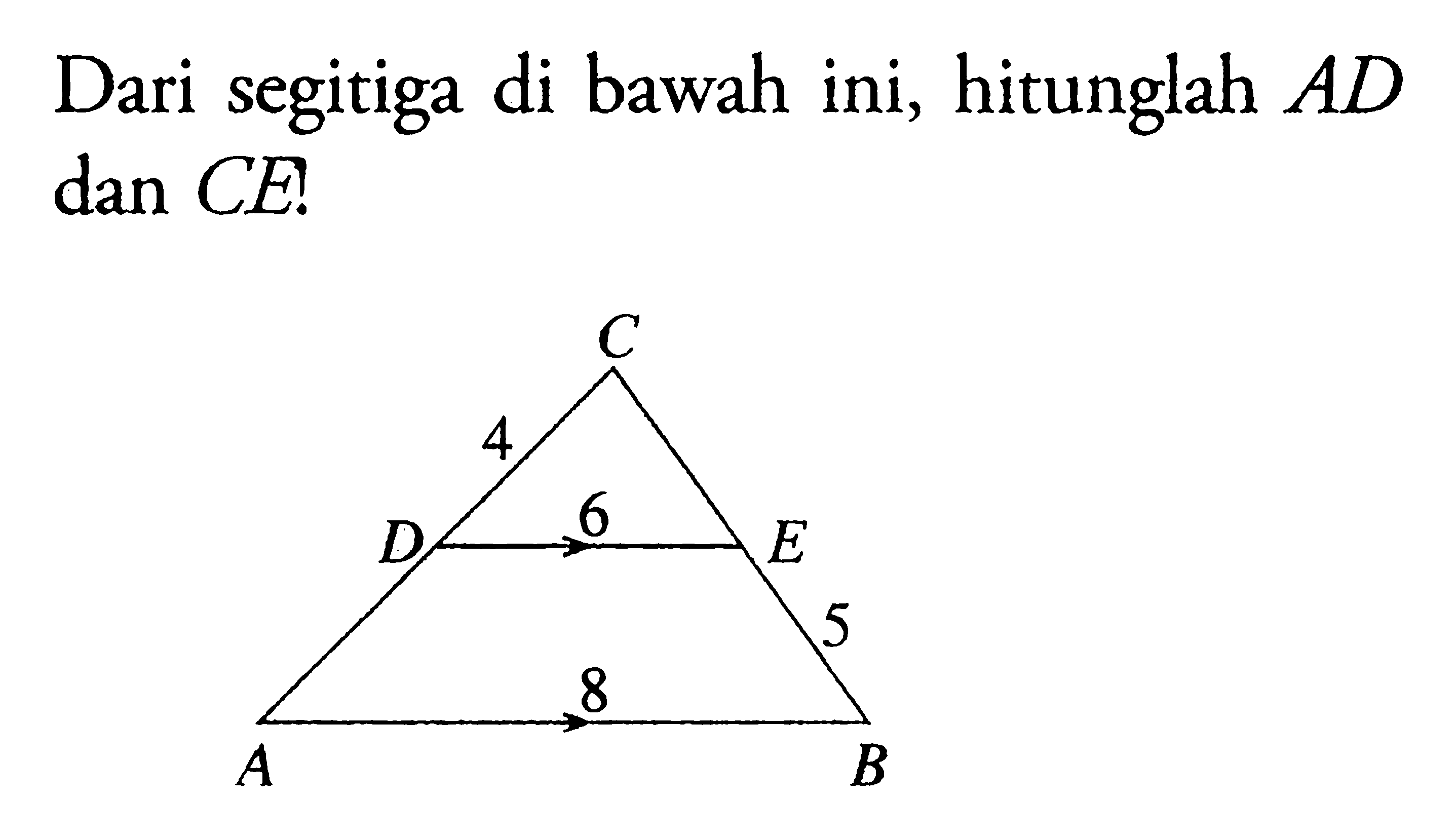 Dari segitiga di bawah ini, hitunglah AD dan CE! 4 6 5 8