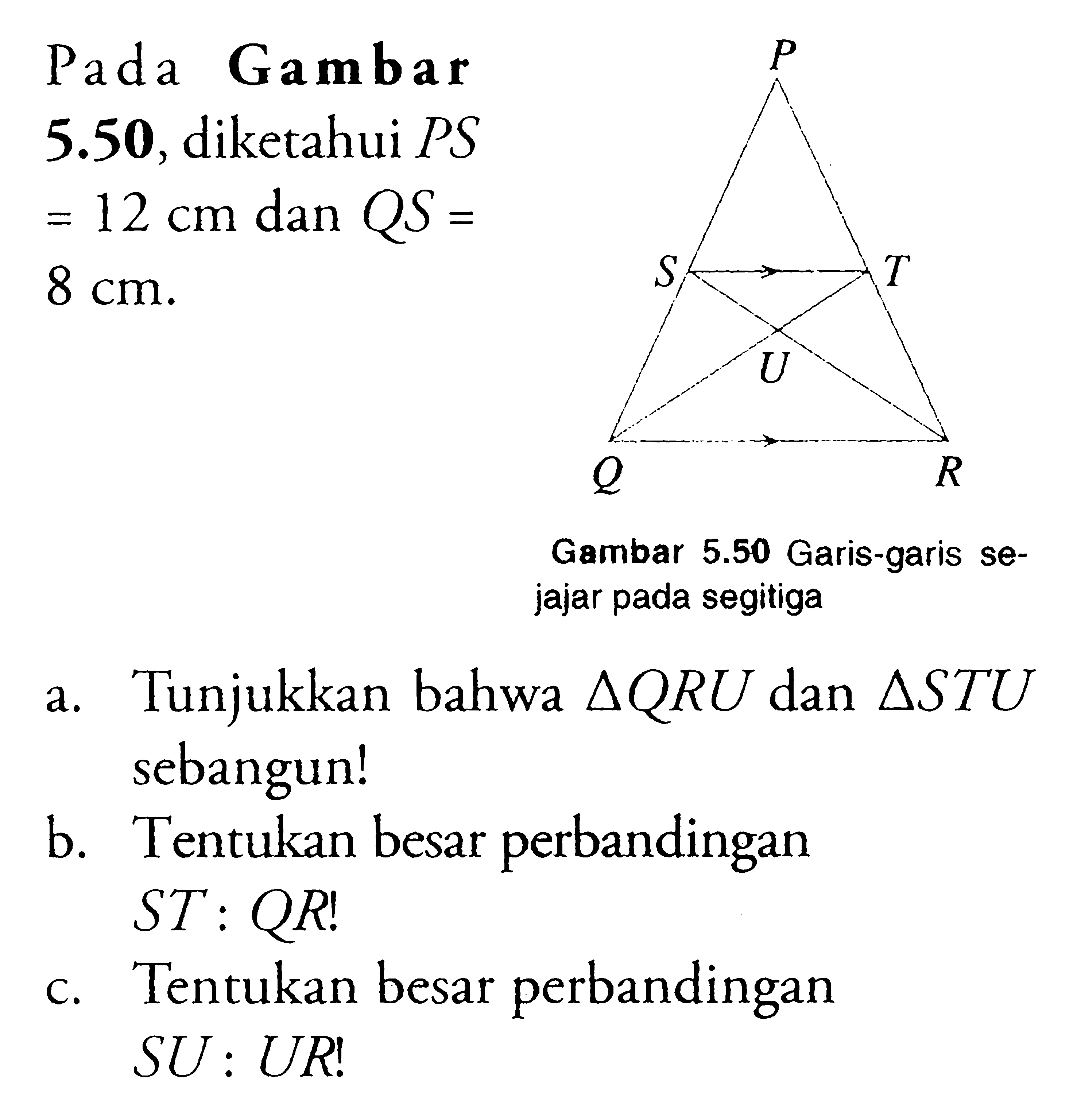 Pada Gambar 5.50, diketahui PS=12 cm dan QS=8 cm.Gambar 5.50 Garis-garis sejajar pada segitigaa. Tunjukkan bahwa segitiga QRU dan segitiga STU sebangun!b. Tentukan besar perbandingan ST:QR!c. Tentukan besar perbandingan SU:UR!