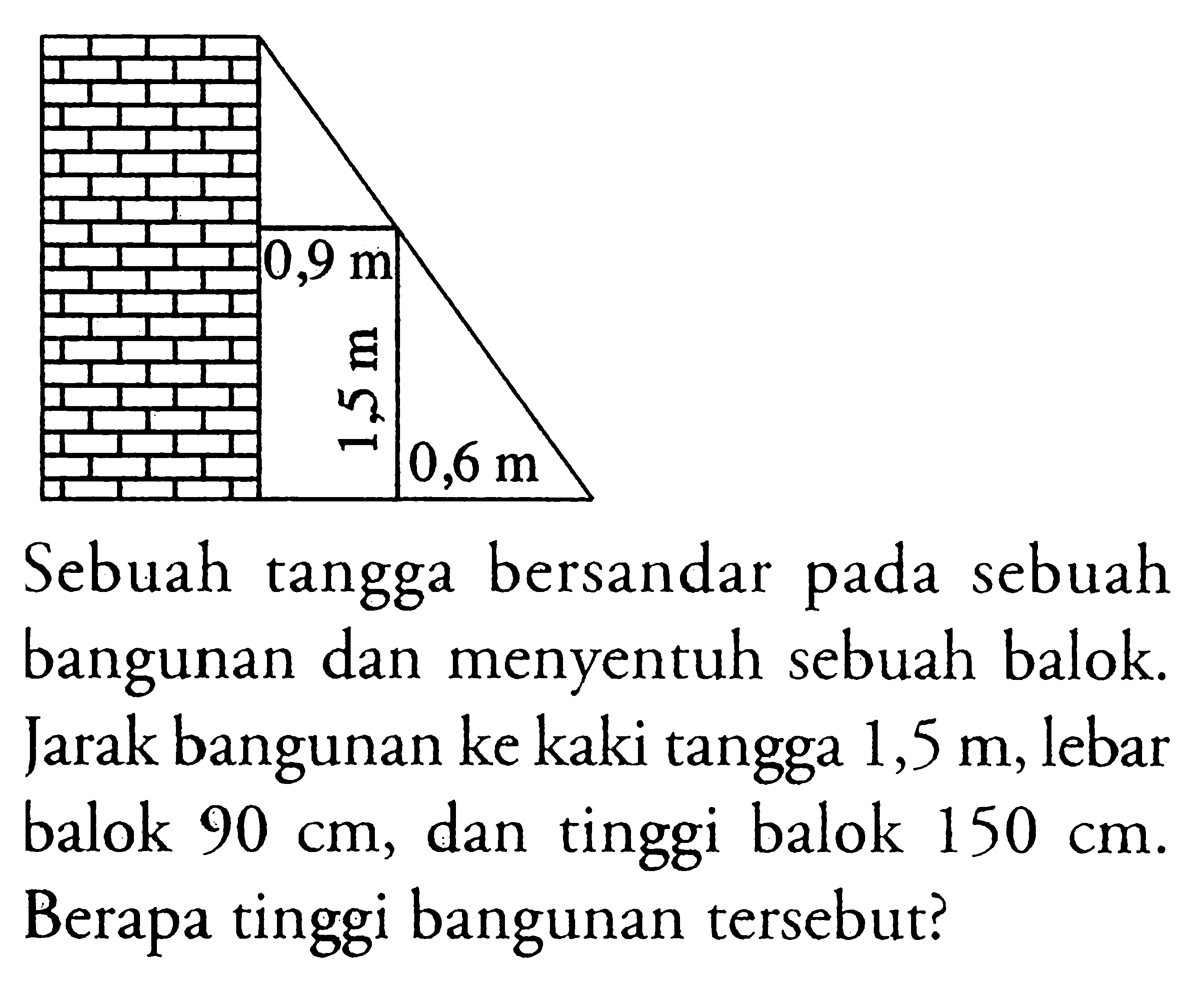 Sebuah tangga bersandar pada sebuah bangunan dan menyentuh sebuah balok. Jarak bangunan ke kaki tangga  1,5 m , lebar balok  90 cm , dan tinggi balok  150 cm . Berapa tinggi bangunan tersebut?