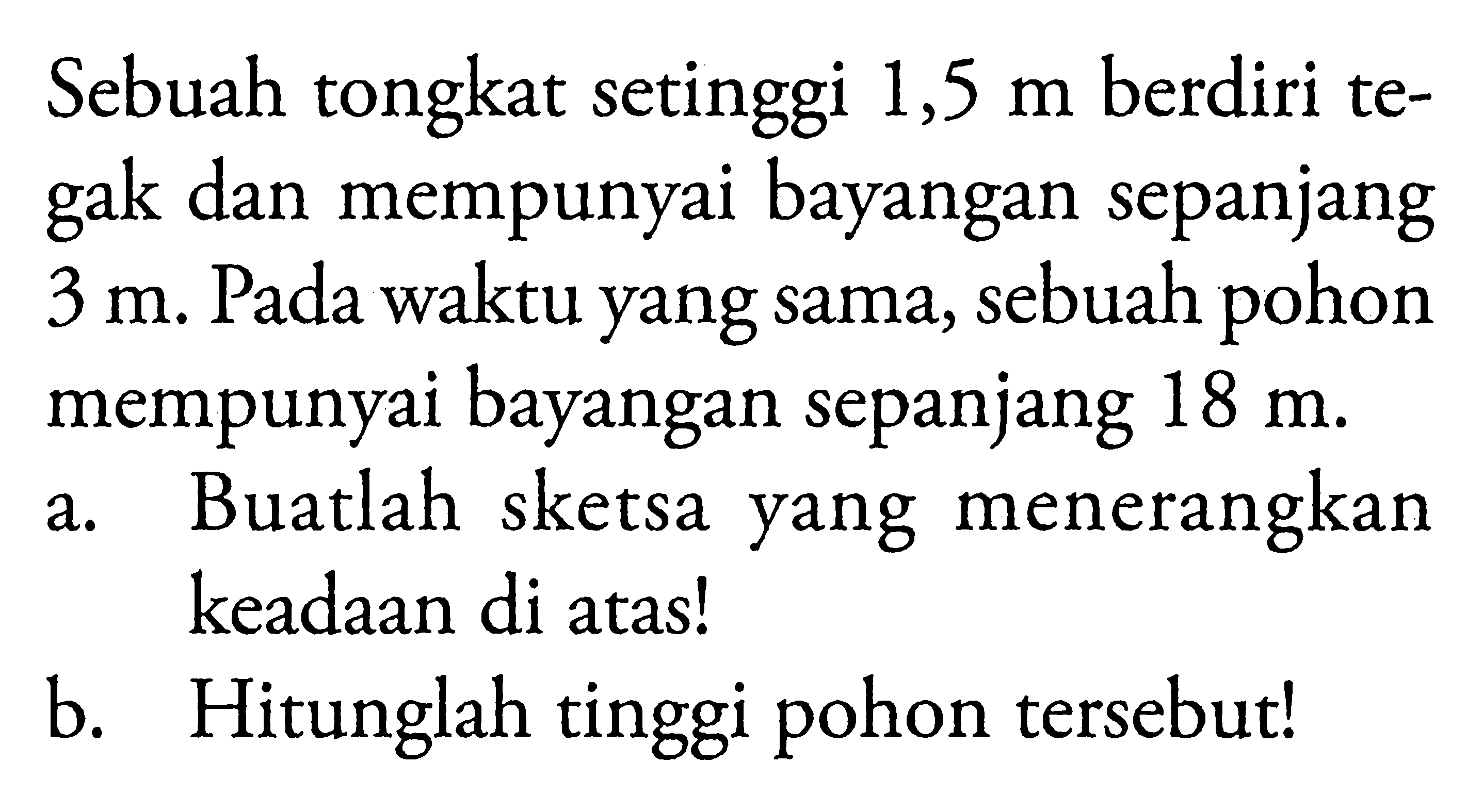 Sebuah tongkat setinggi 1,5 m berdiri tegak dan mempunyai bayangan sepanjang 3 m . Pada waktu yang sama, sebuah pohon mempunyai bayangan sepanjang 18 m. a. Buatlah sketsa yang menerangkan keadaan di atas! b. Hitunglah tinggi pohon tersebut!