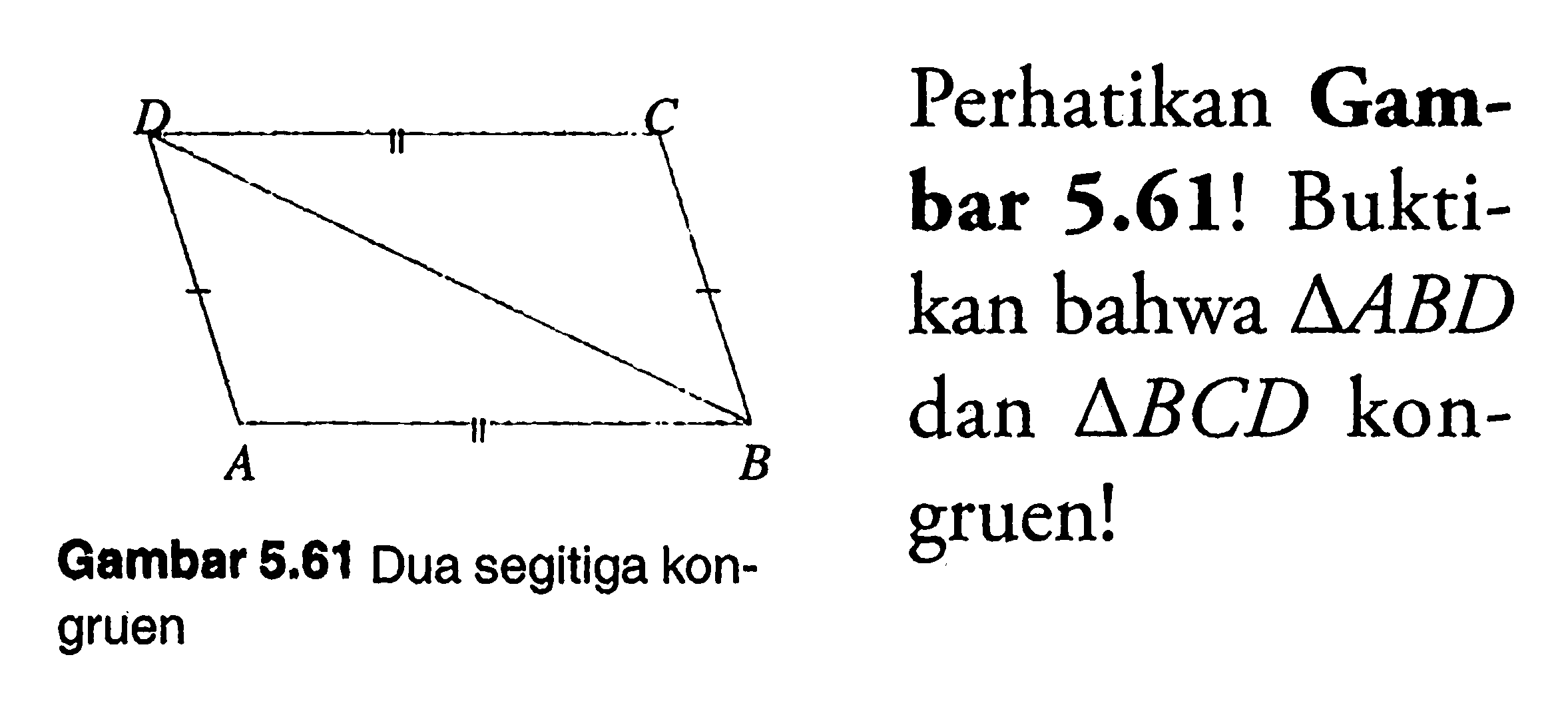 D C A B Gambar 5.61 Dua segitiga kongruen Perhatikan Gambar 5.61! Buktikan bahwa segitiga ABD dan segitiga BCD kongruen!