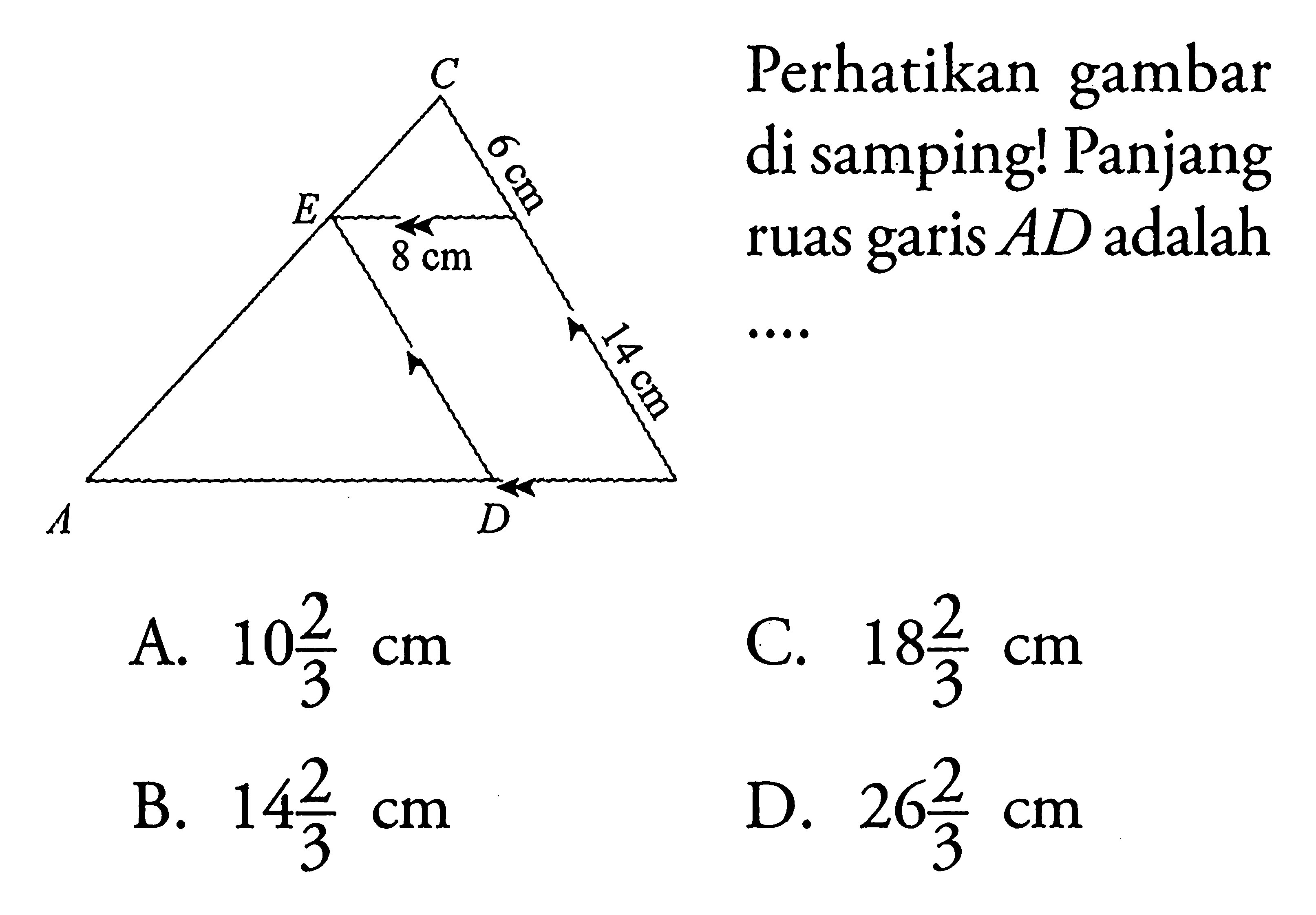 C6 cmE 8 cm14 cmA DPerhatikan gambar di samping! Panjang ruas garis AD adalah....A. 10 2/3 cmC. 18 2/3 cmB. 14 2/3 cmD. 26 2/3 cm