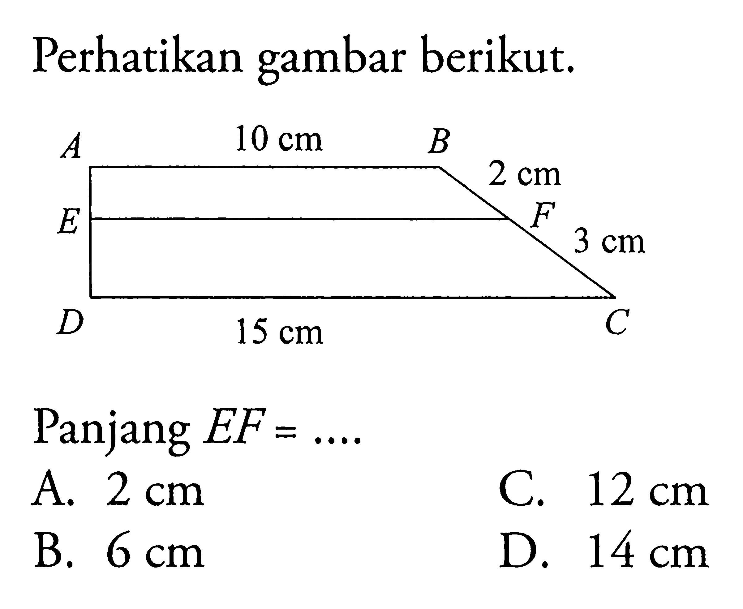 Perhatikan gambar berikut. A 10 cm B 2 cm E F 3 cm D 15 cm C Panjang EF=... 