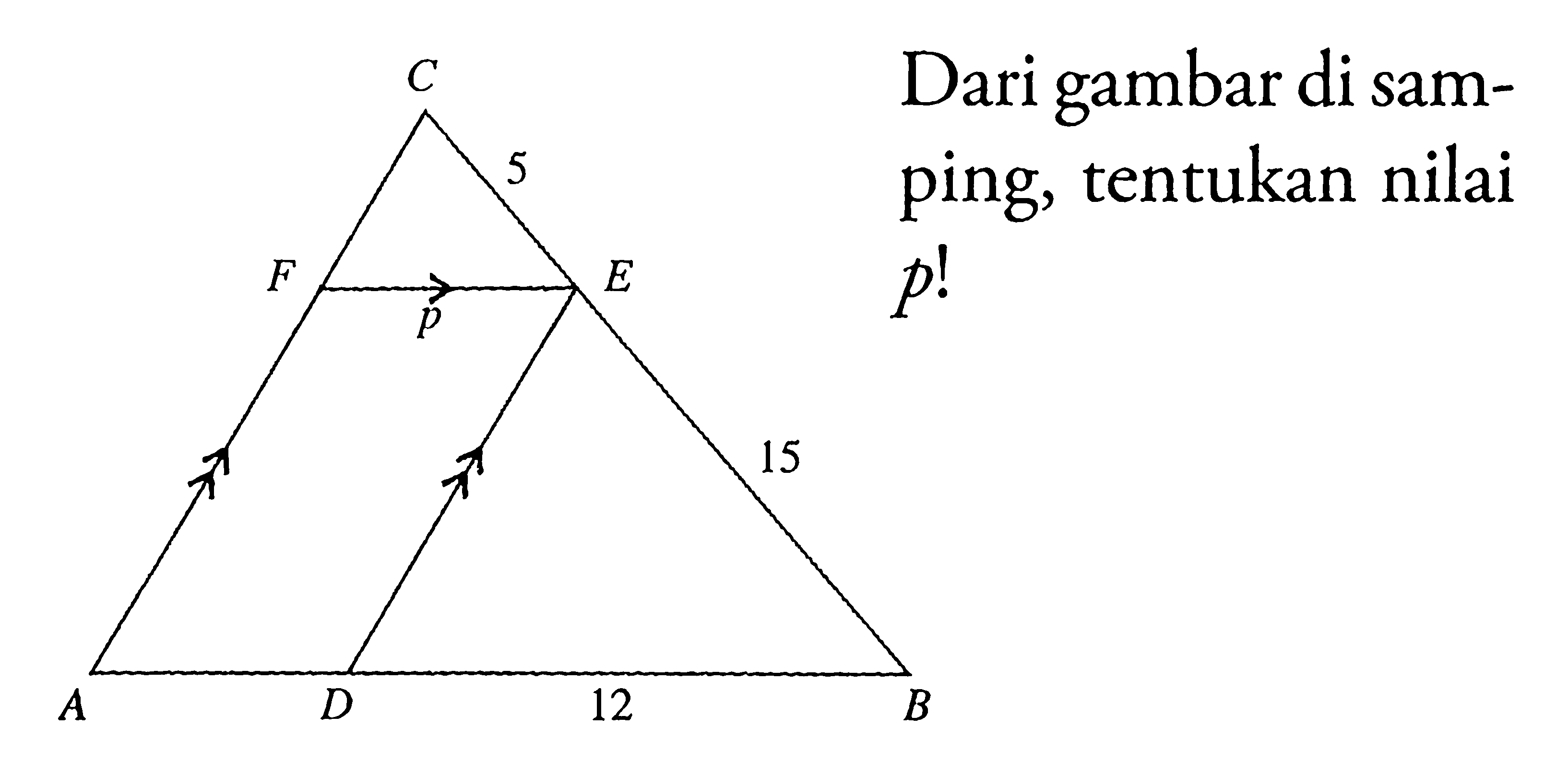 Dari gambar di samping, tentukan nilai p! C 5 F p E 15 A D 12 B