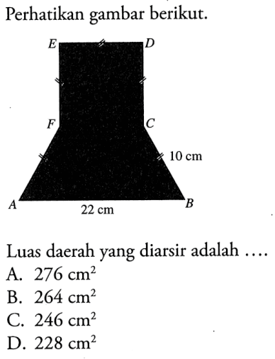 Perhatikan gambar berikut. 10 cm 22 cm Luas daerah yang diarsir adalah .... A. 276 cm^2 B. 264 cm^2 C. 246 cm^2 D. 228 cm^2