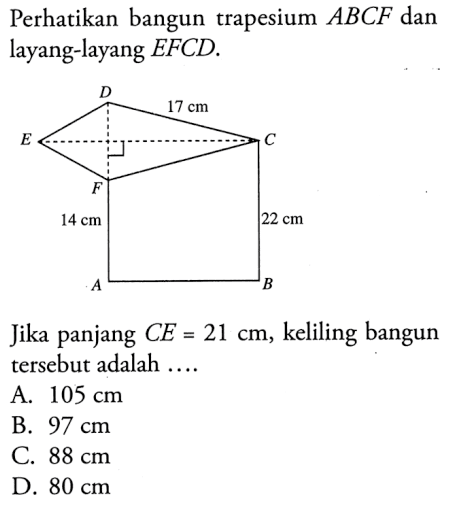 Perhatikan bangun trapesium ABCF dan layang-layang EFCD.Jika panjang CE=21 cm, keliling bangun tersebut adalah ....