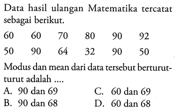 Data hasil ulangan Matematika tercatat sebagai berikut.60  60  70  80  90  92  50  90  64  32  90  50 Modus dan mean dari data tersebut berturut-turut adalah ....