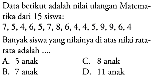 Data berikut adalah nilai ulangan Matematika dari 15 siswa:7,5,4,6,5,7,8,6,4,4,5,9,9,6,4 Banyak siswa yang nilainya di atas nilai rata-rata adalah ....