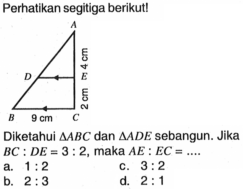 Perhatikan segitiga berikut! Diketahui segitiga ABC dan segitiga ADE sebangun. Jika BC:DE=3:2, maka AE:EC= .... 
